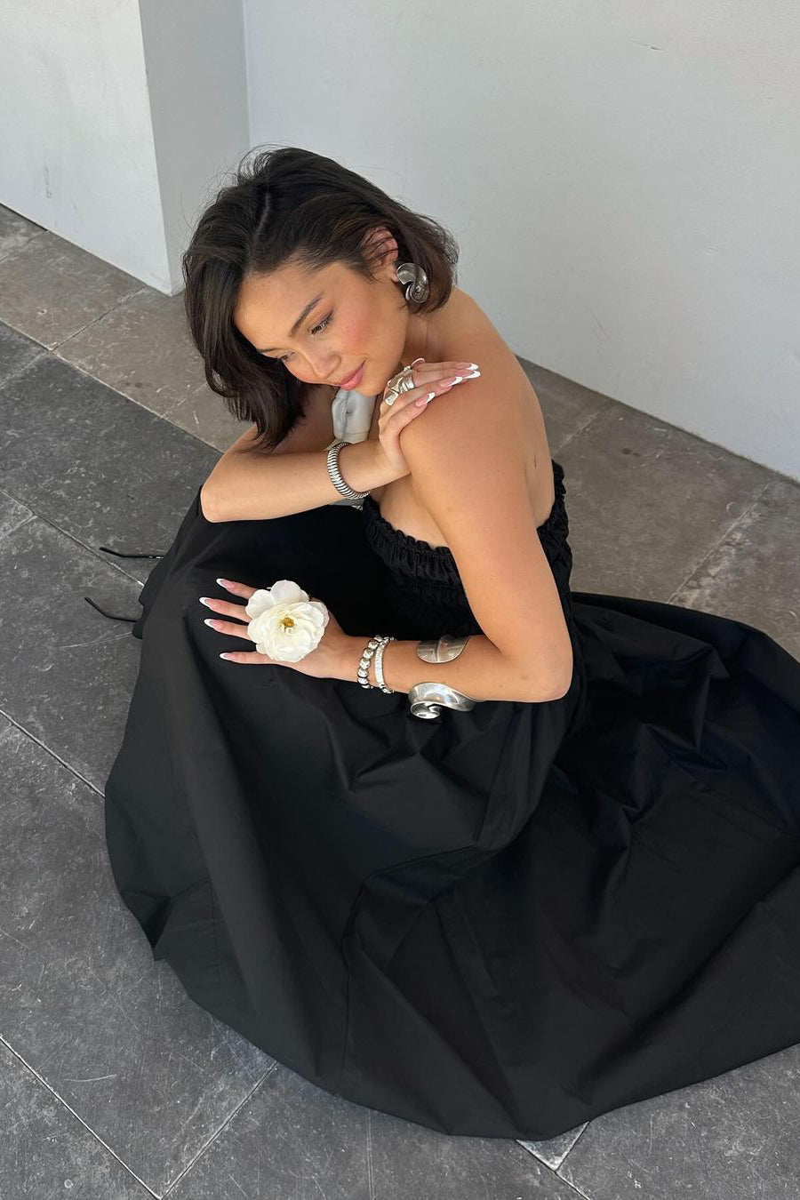 Obsidian Whirl Strapless Maxi Dress