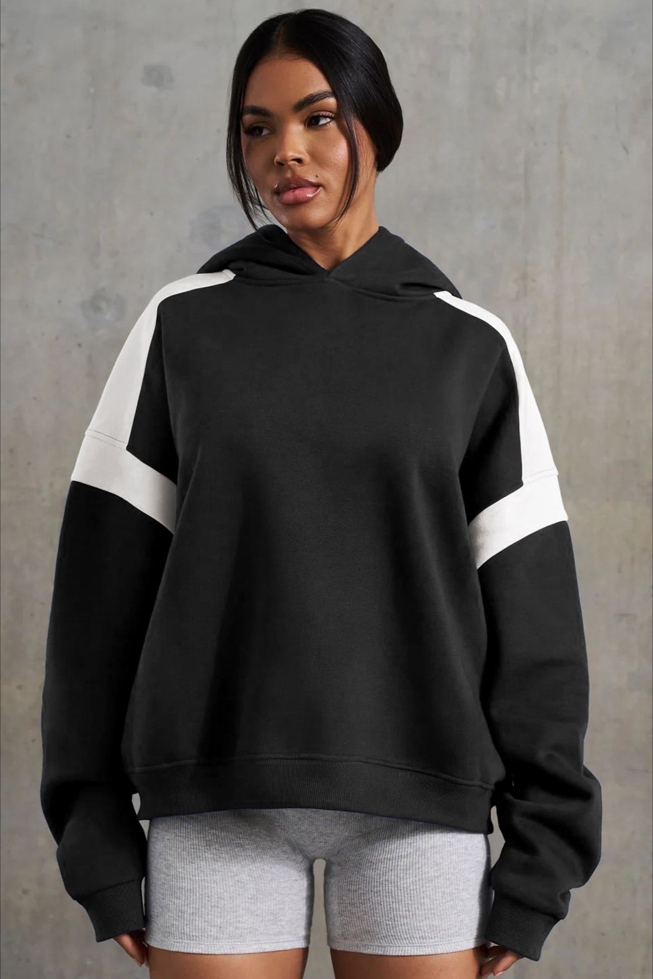 Oversize Hoodie Damen sportlich Kapuzenpullover Sweatshirt modische Farbeinsatz