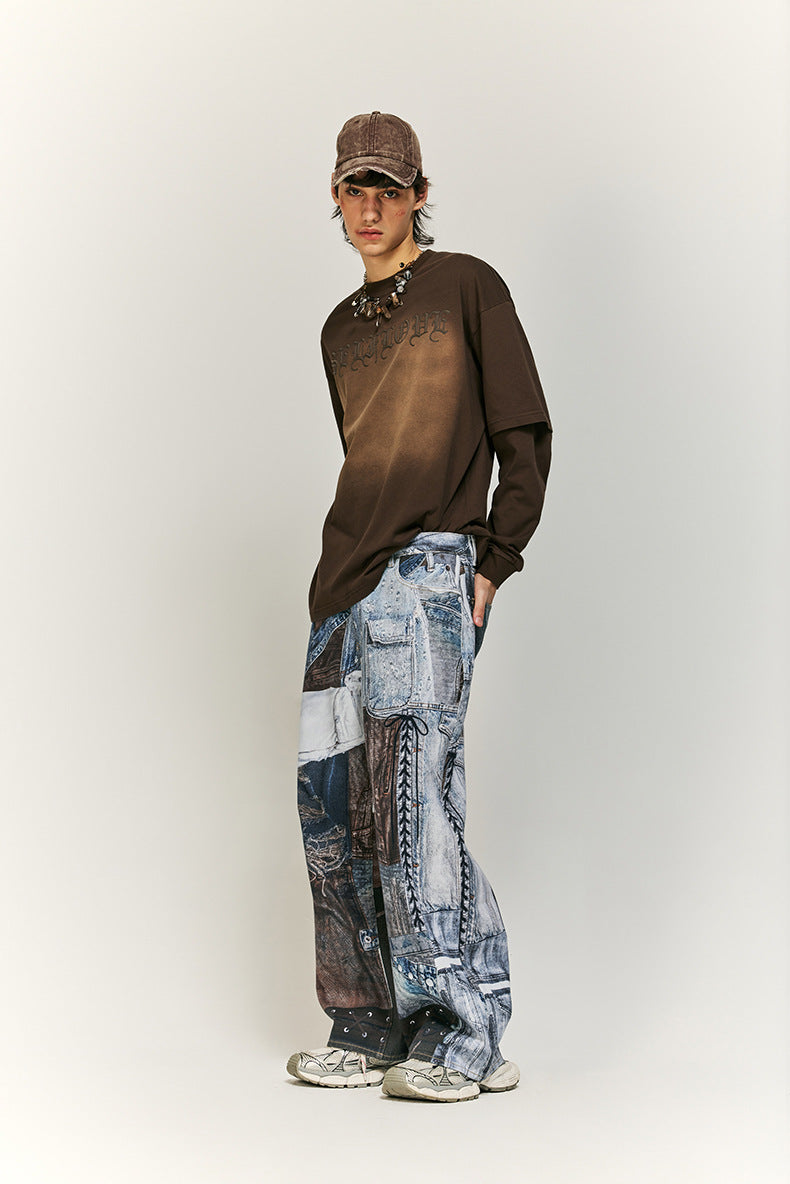 Cargo-Style Patchwork Wide-Leg Pants