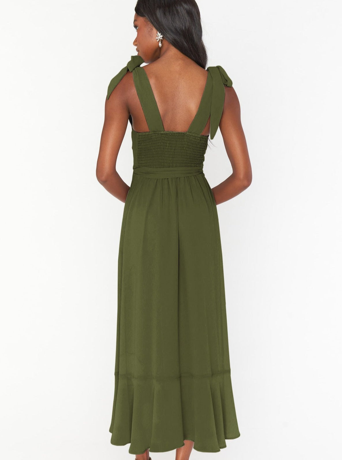 Grünes Sommerkleid Midi Elegant Leinen Mit Schlitz Schleife und Rüschen