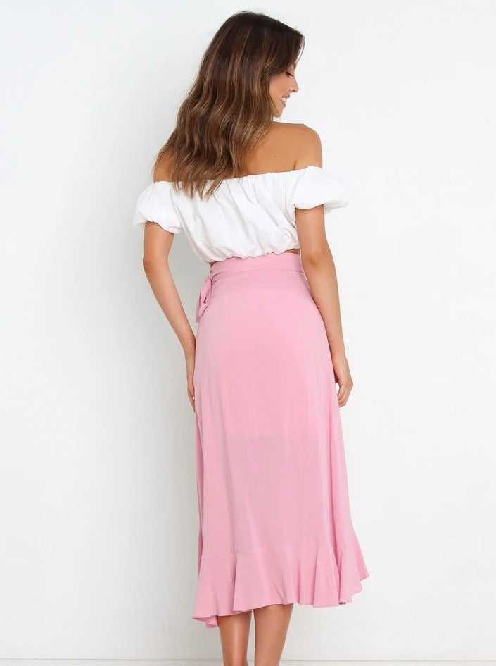 Asymmetrical Tie-Waist Ruffle Soft Pink Long Skirt