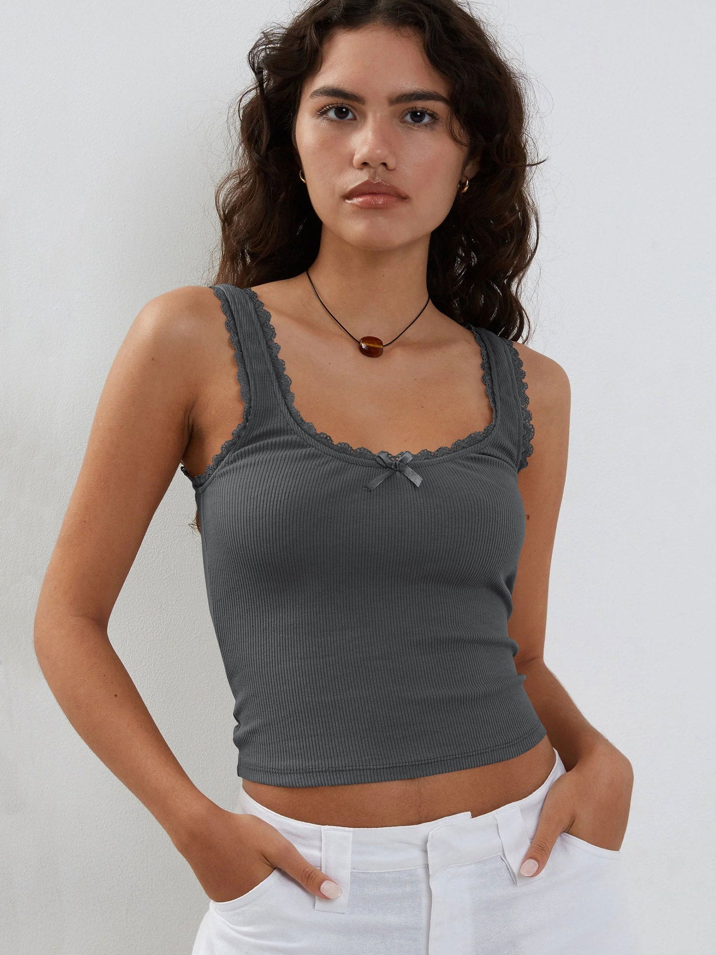 Charcoal Grey Tank Lace Sleeveless Crop Top