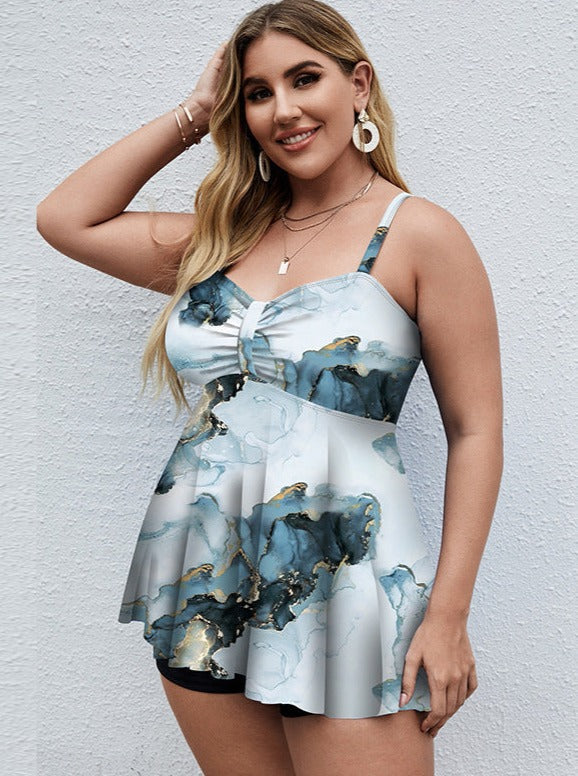 Plus Size Curvy Blue &amp; Black Marble Printed Spaghetti Strap Tops 