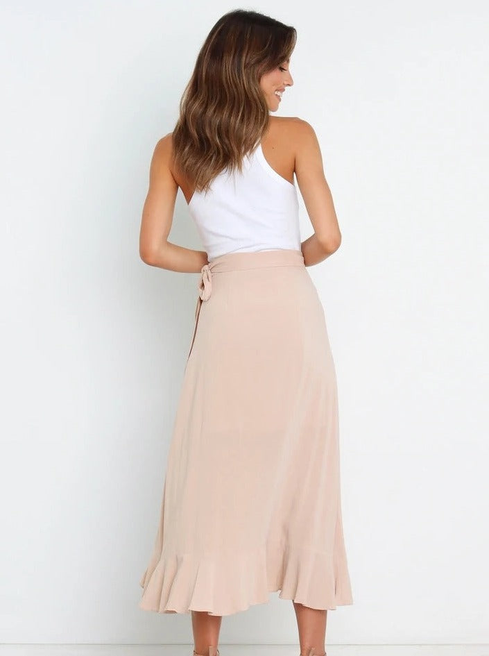 One-Piece Strappy Long Apricot Asymmetrical Skirt