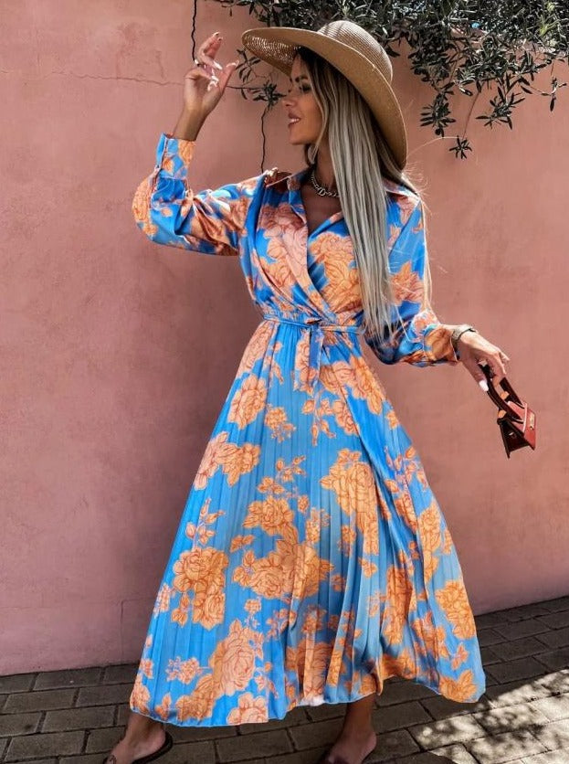 Floral Printed Tie Waist Long Sleeve Maxi Dress