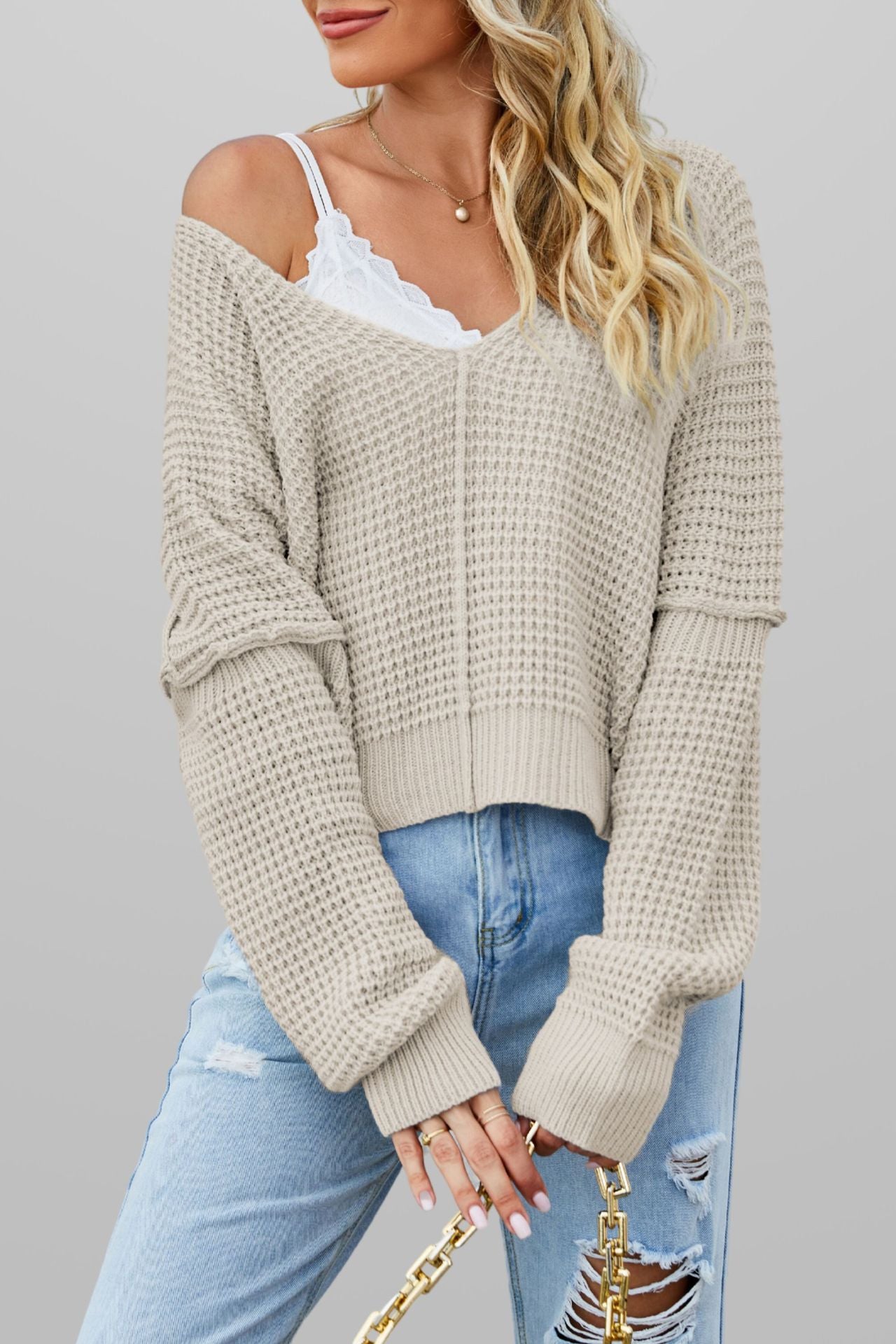 Damen Oversize Strickpullover V-Ausschnitt Lässig Langarm Freizeit