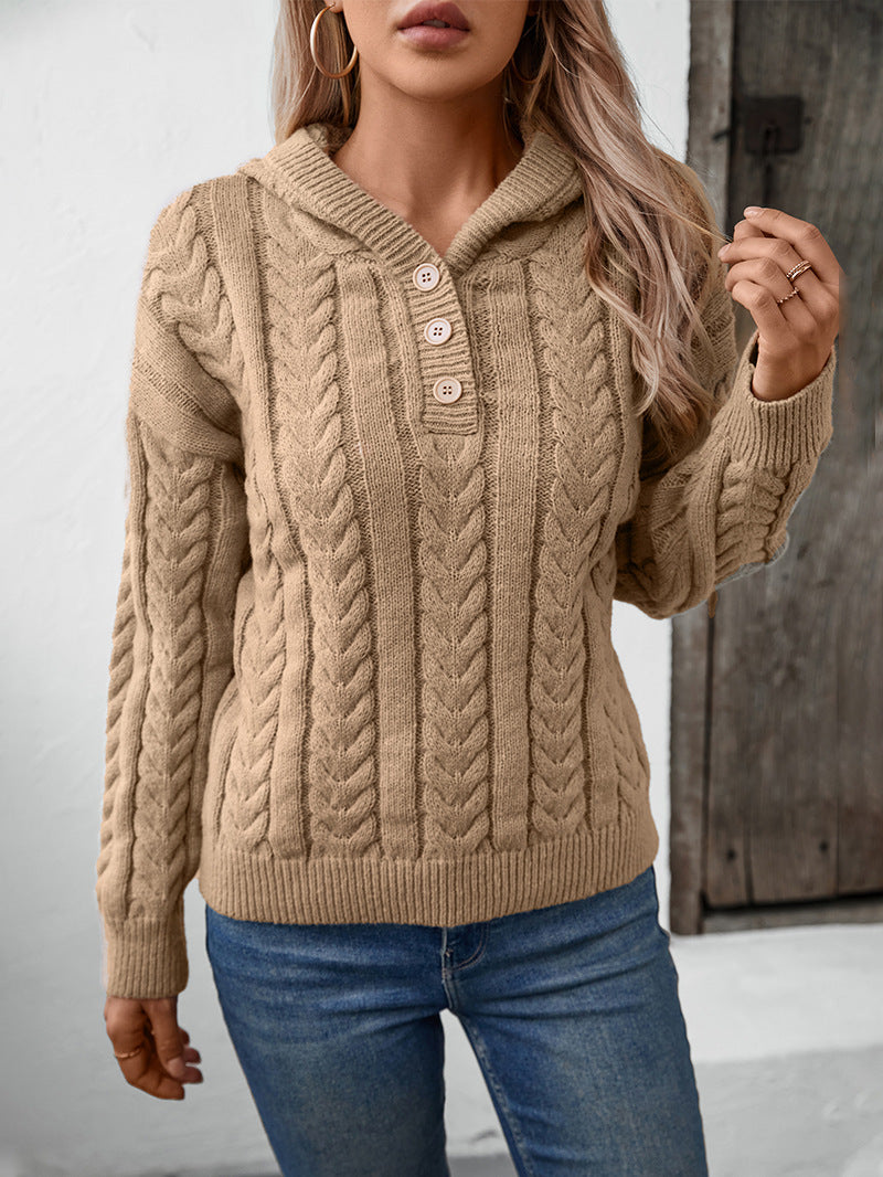 Kapuzenpullover Damen Strick Zopfmuster – Stilvoller Stricklook mit Knopfleiste