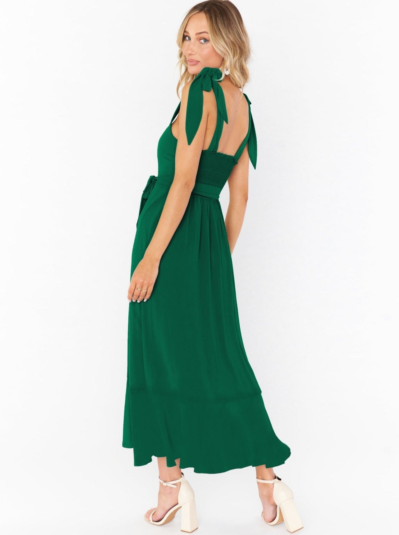 Sommerkleider Midi Elegantes Leinen Wickelkleid Mit Schleife und Schlitz