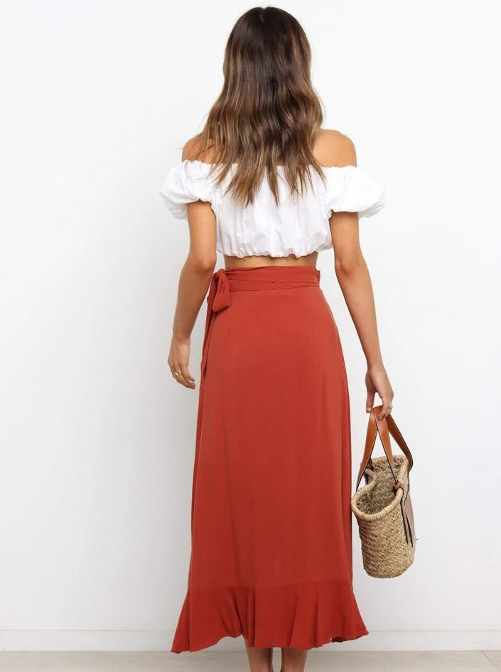 Asymmetrical Tie-Waist Ruffle Rust Red Long Skirt