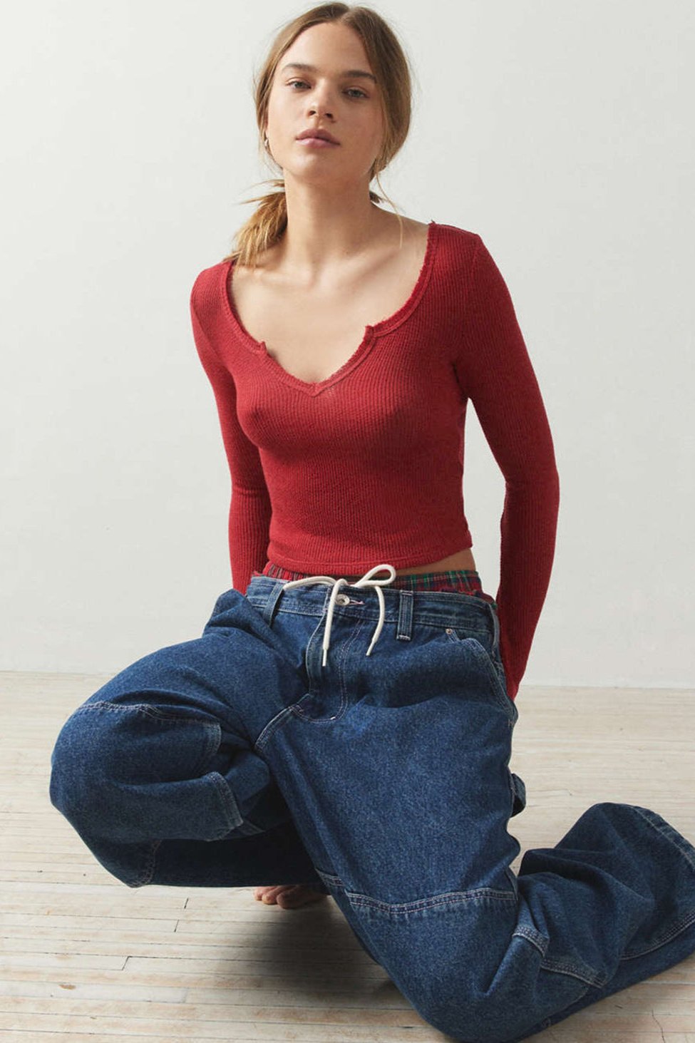 Red Ribbed V-Neck Long Sleeve Knitted Sweater