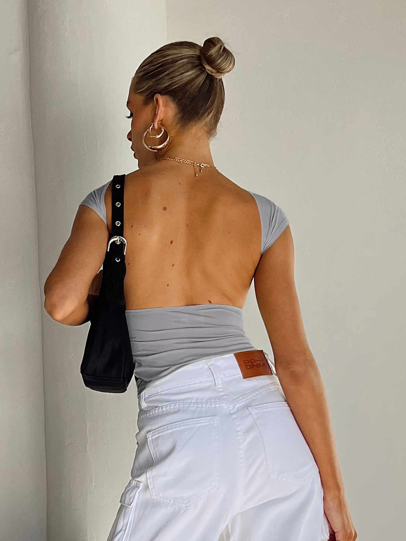 Sleek Gray Sexy Openback Fitted Breathable Crop Top