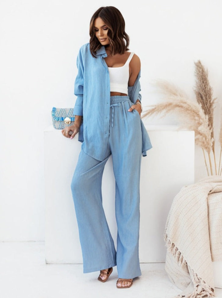 Casual Relaxed Fit Long Sleeve Shirt and Pants Set