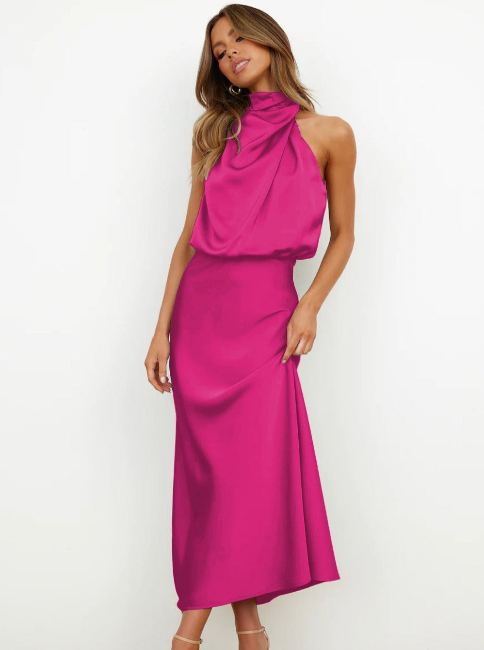 Abendkleid Damen Lang - Satin Neckholder Kleid Elegantes Cocktailkleid für Partys

