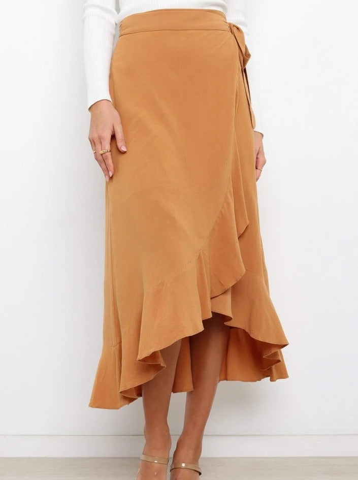 Asymmetrical Tie-Waist Ruffle Camel Long Skirt