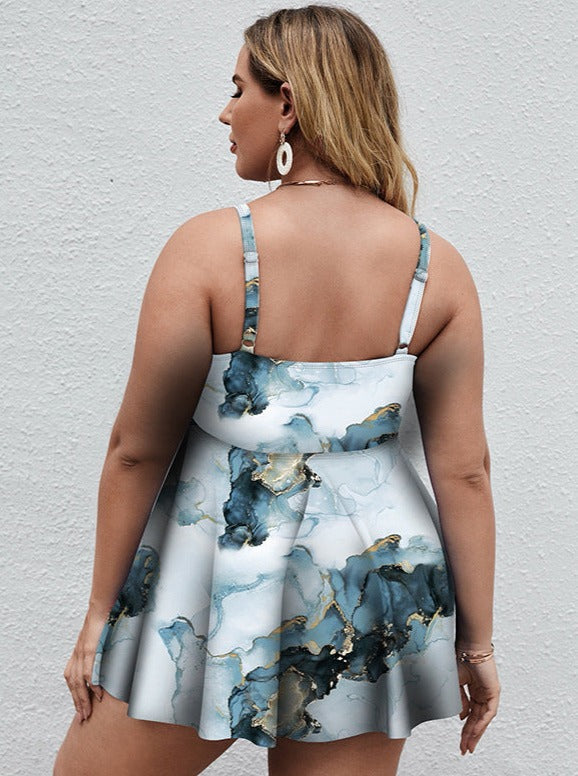 Plus Size Curvy Blue &amp; Black Marble Printed Spaghetti Strap Tops 