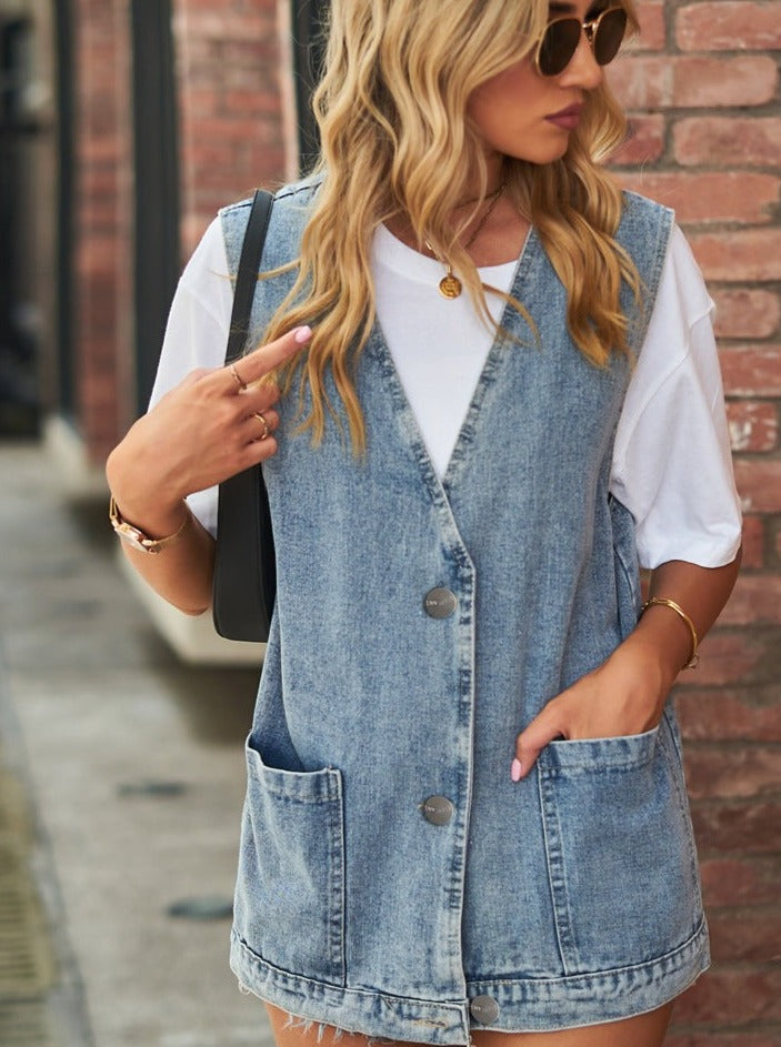 Oversized Sleeveless Washed Denim Vest