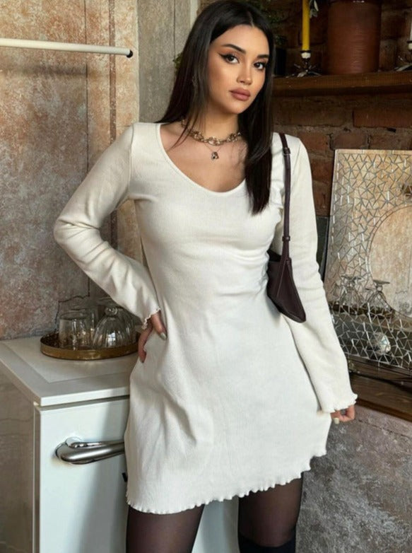 Round Neck Long Sleeve Ribbed High Waist Dress