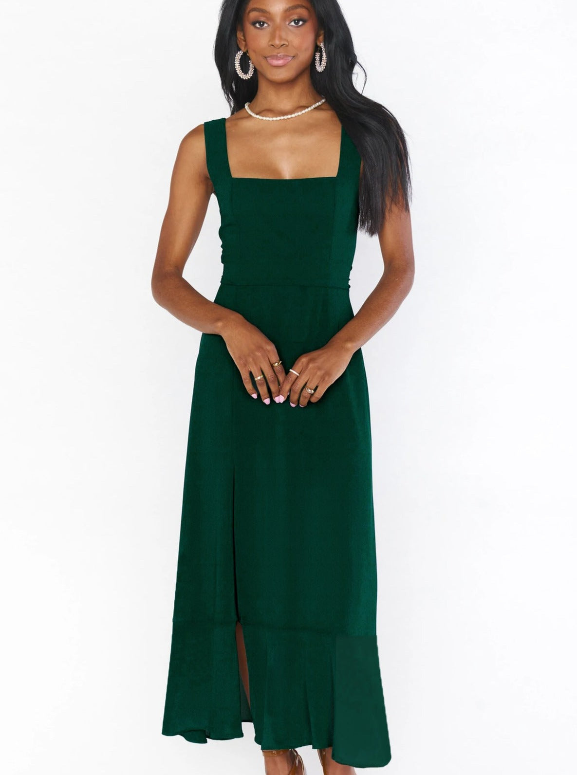 Dark Green High-End Square Neck Sleeveless Slit Dress