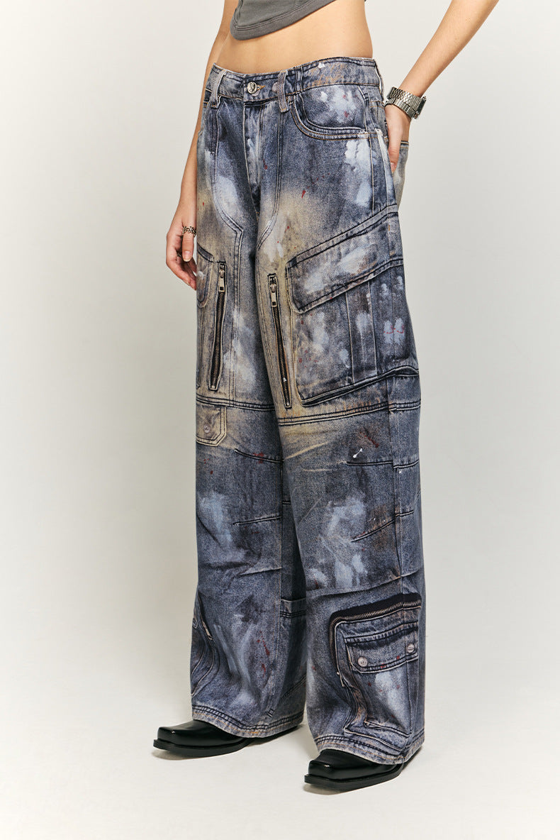 Casual Cargo-Inspired Wide-Leg Denim Pants