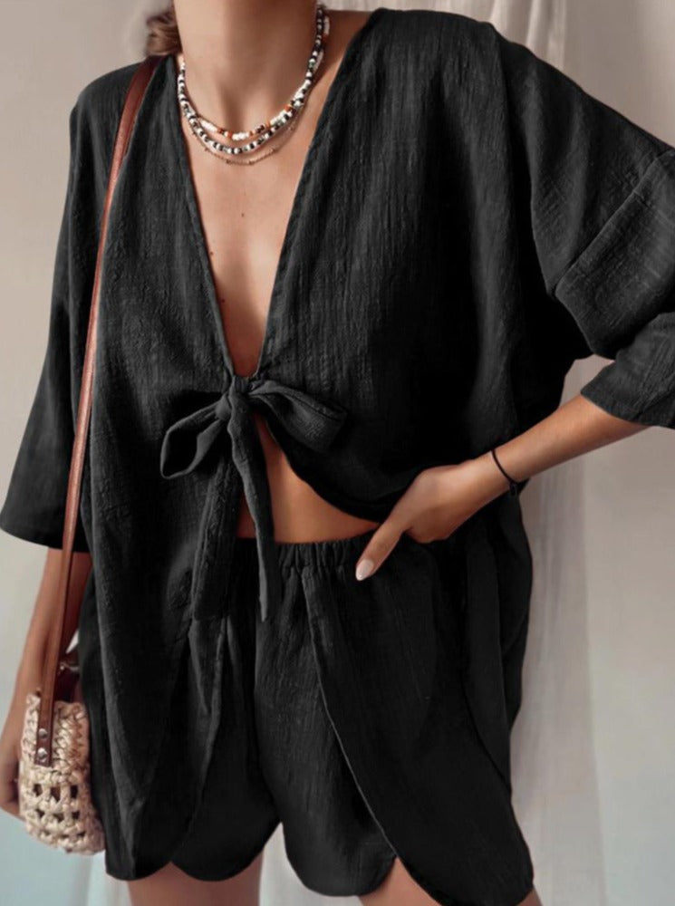 Chic Summer Flowy Tie-Front Shirt and Short Set