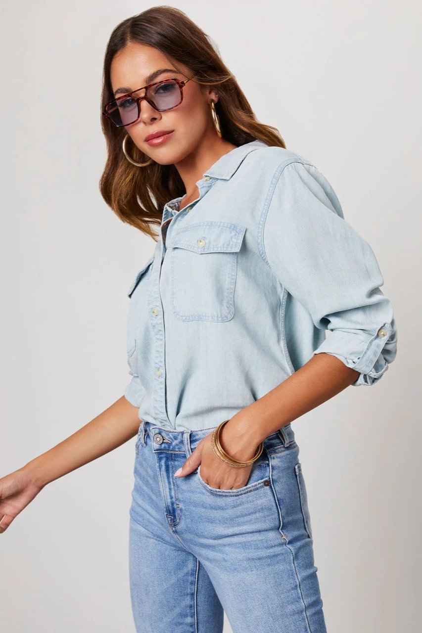 Light Blue Long Sleeve Collared Denim Blouse