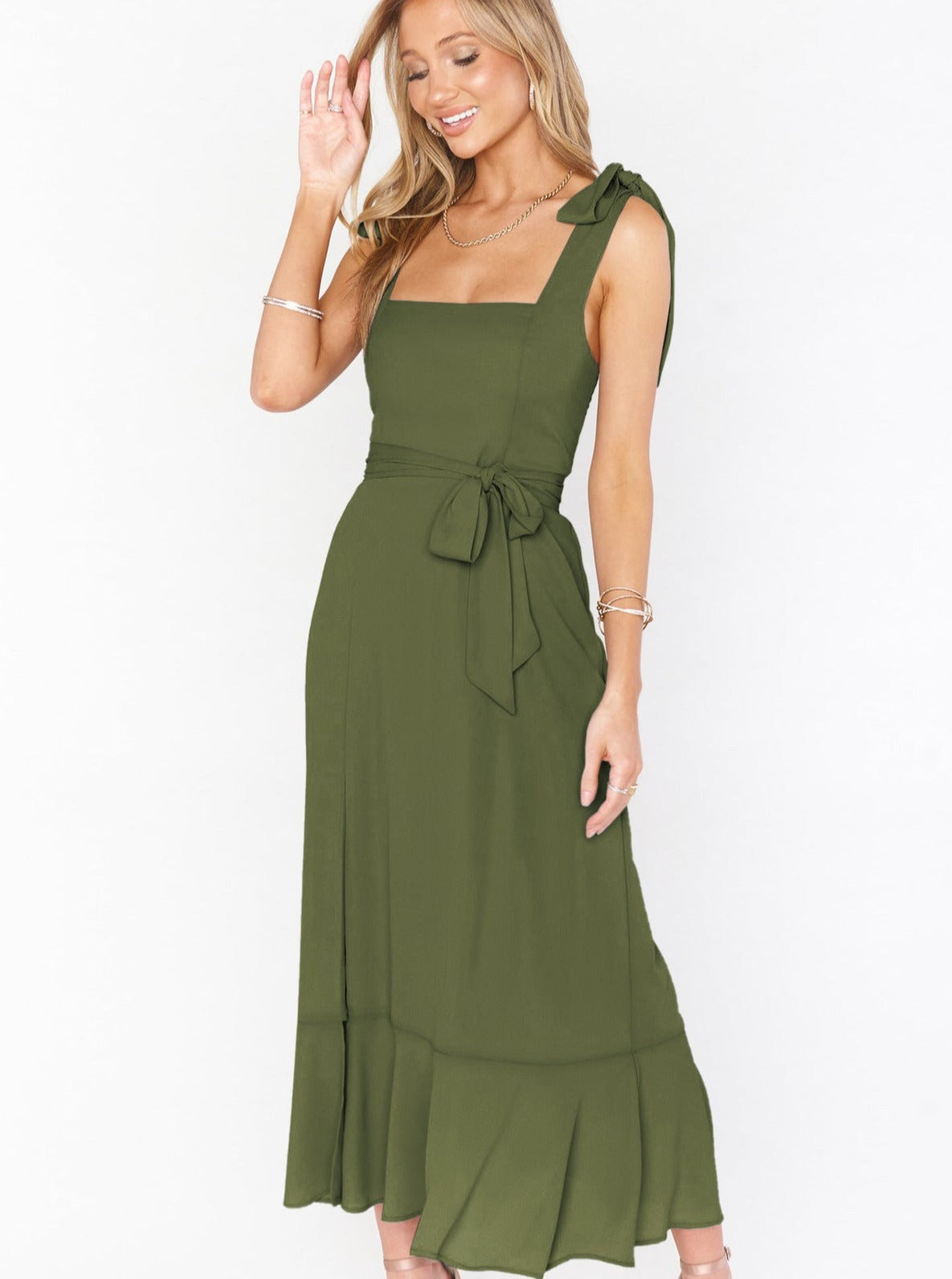 Grünes Sommerkleid Midi Elegant Leinen Mit Schlitz Schleife und Rüschen