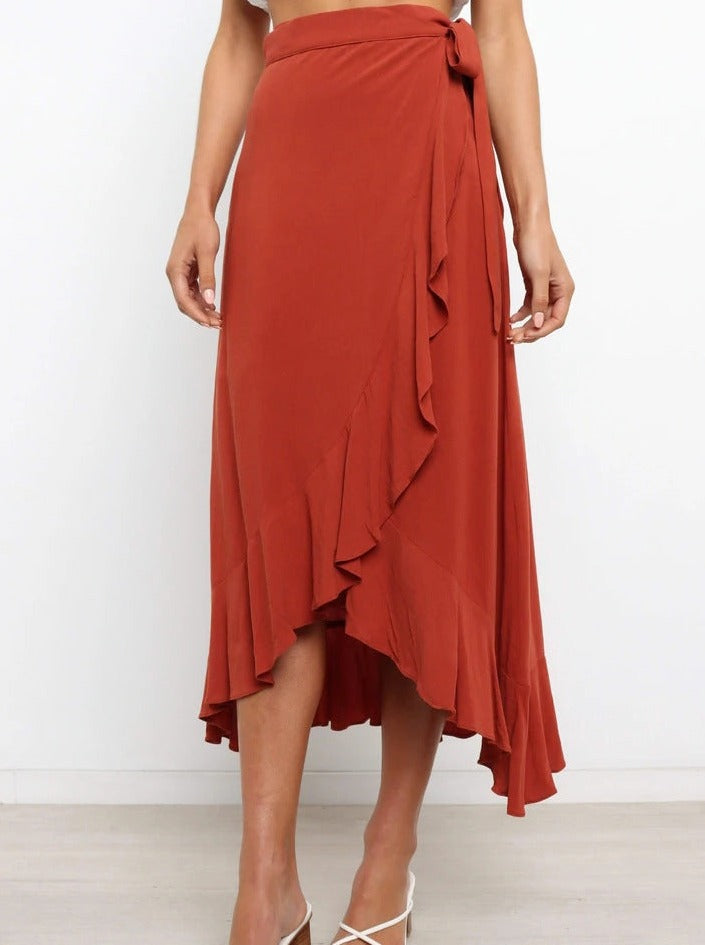 Asymmetrical Tie-Waist Ruffle Rust Red Long Skirt