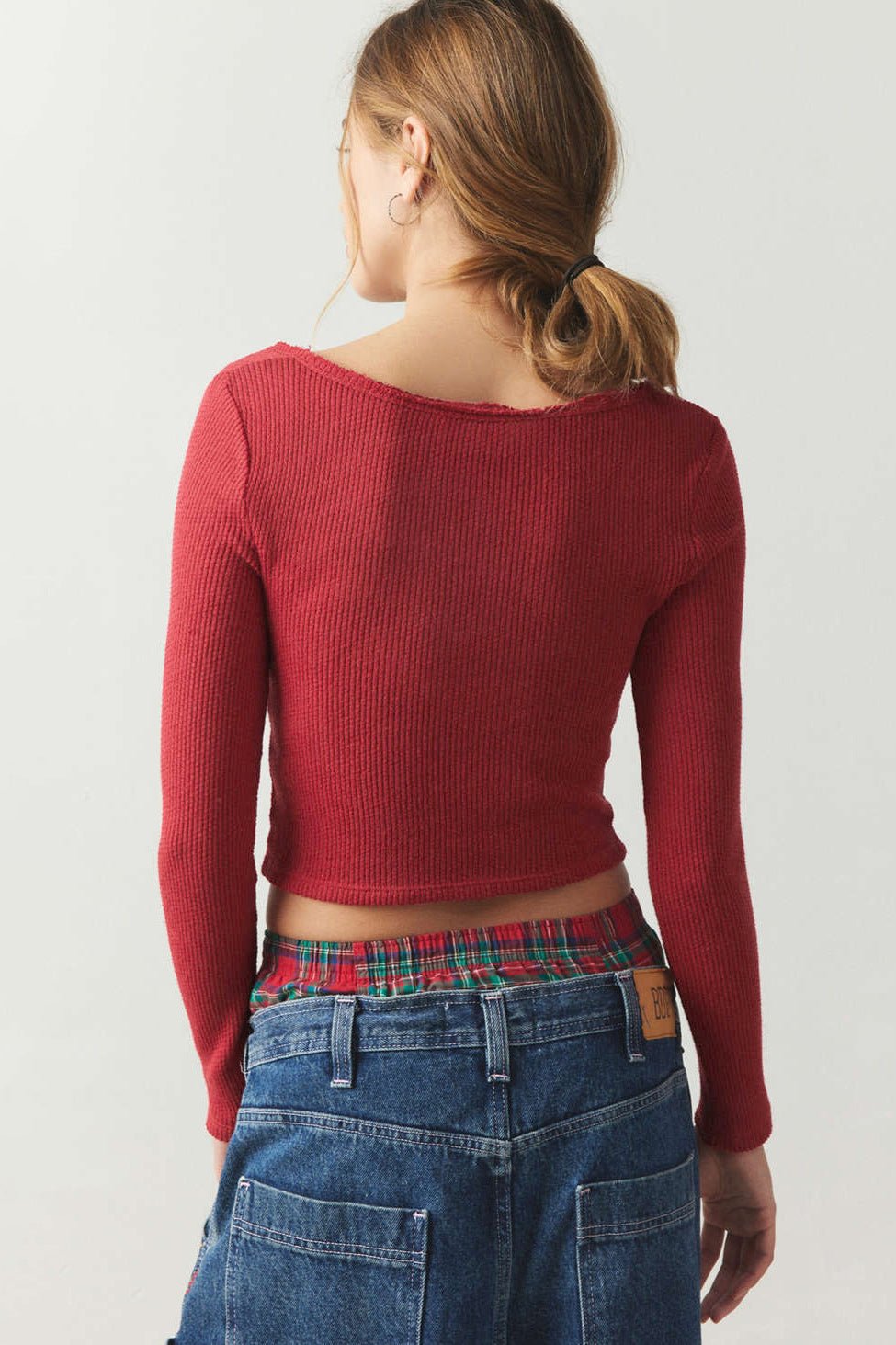 Red Ribbed V-Neck Long Sleeve Knitted Sweater Blouse