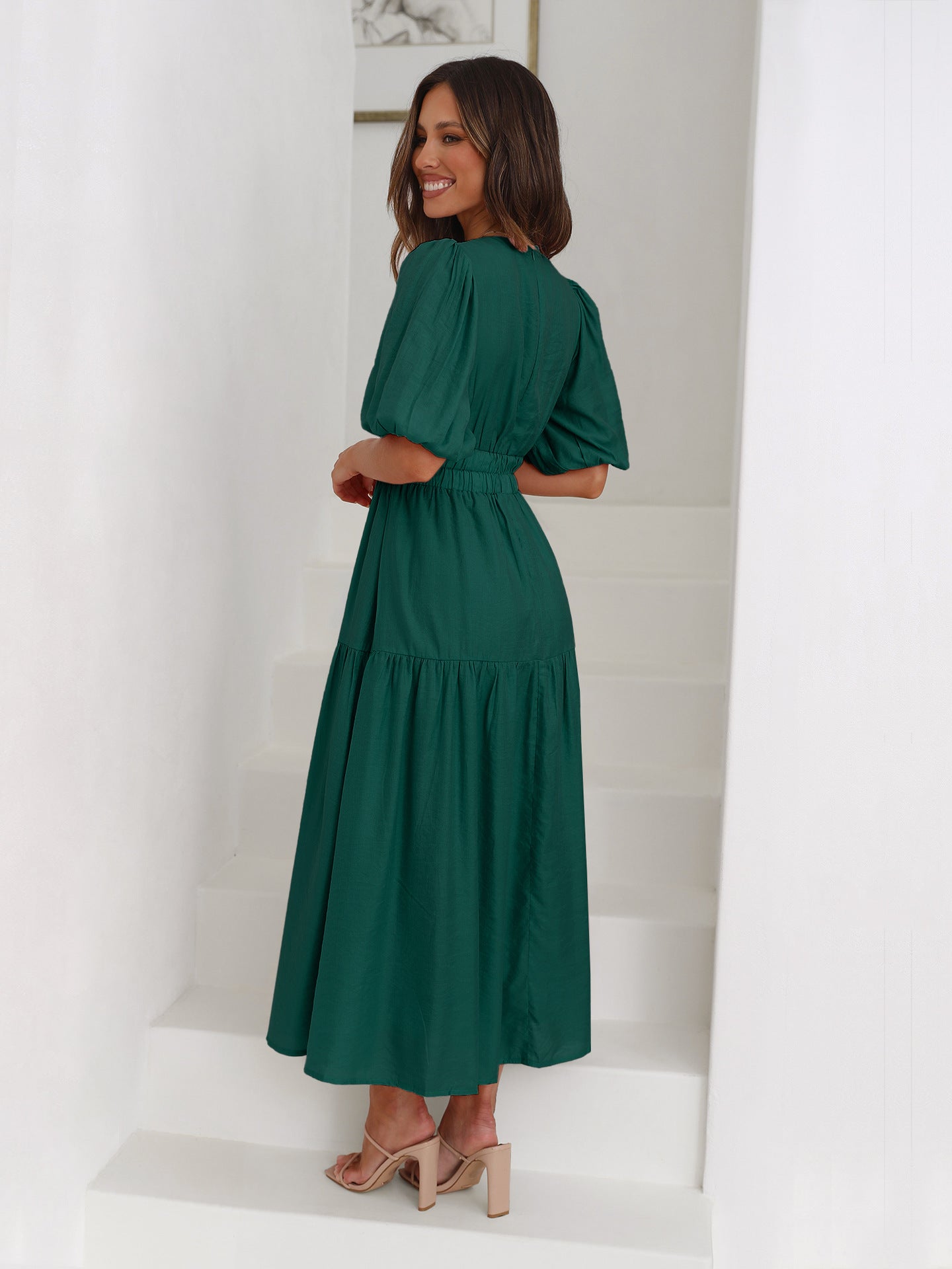 Dark Green Deep V-Neck Puff Sleeve Layered Dress