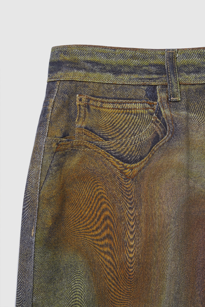 Earth-Tone Abstract Pattern Wide-Leg Denim Pants