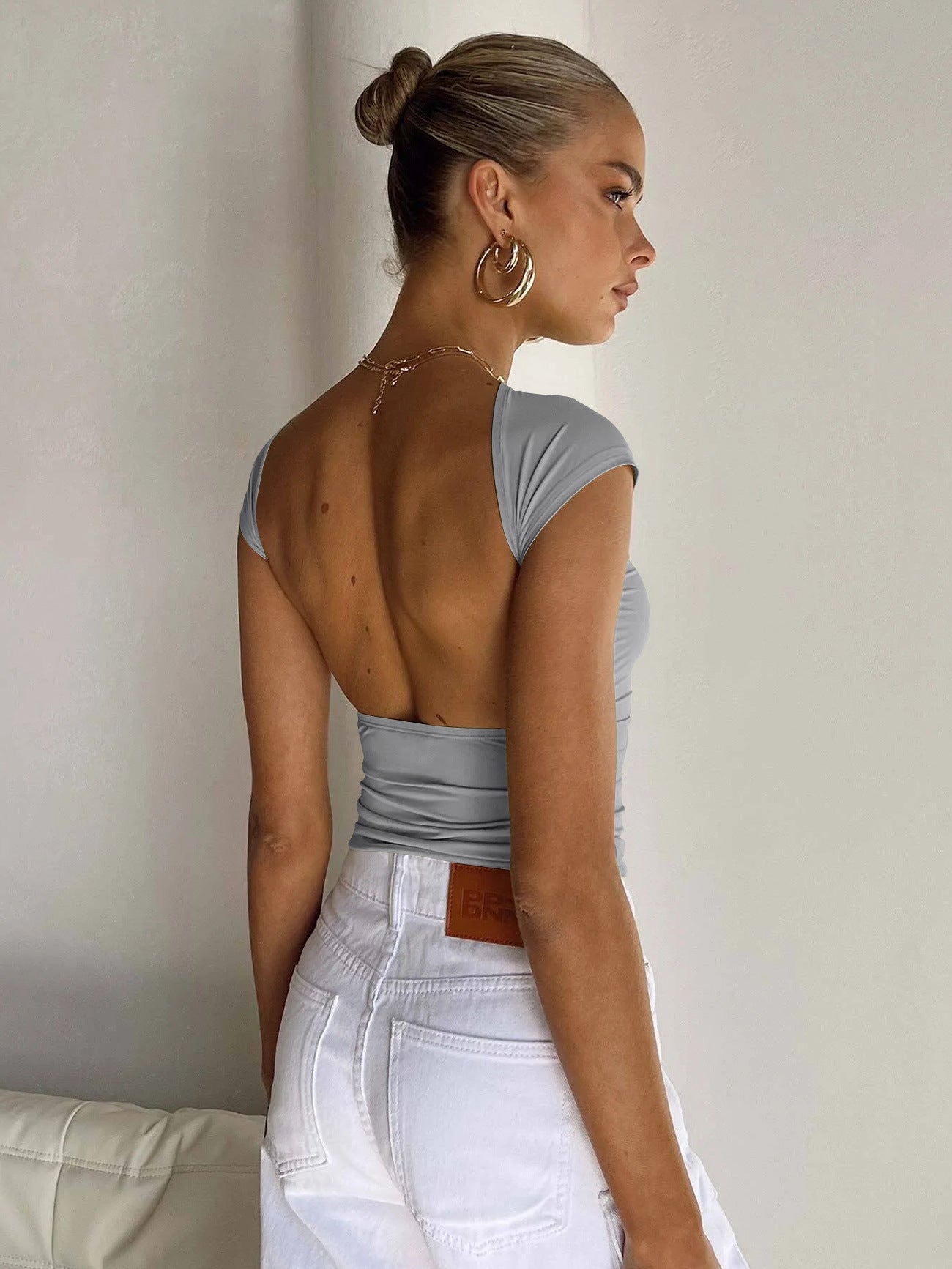 Sleek Gray Sexy Openback Fitted Breathable Crop Top