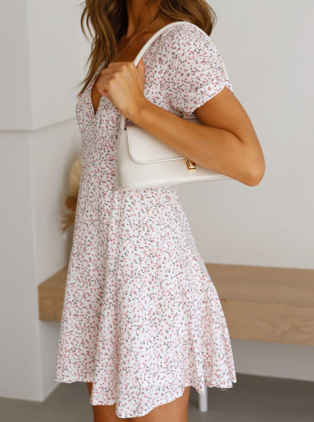 V-Neck Short Sleeved Floral Printed White Dress