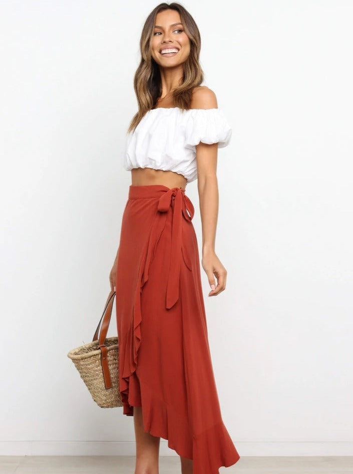 Asymmetrical Tie-Waist Ruffle Rust Red Long Skirt