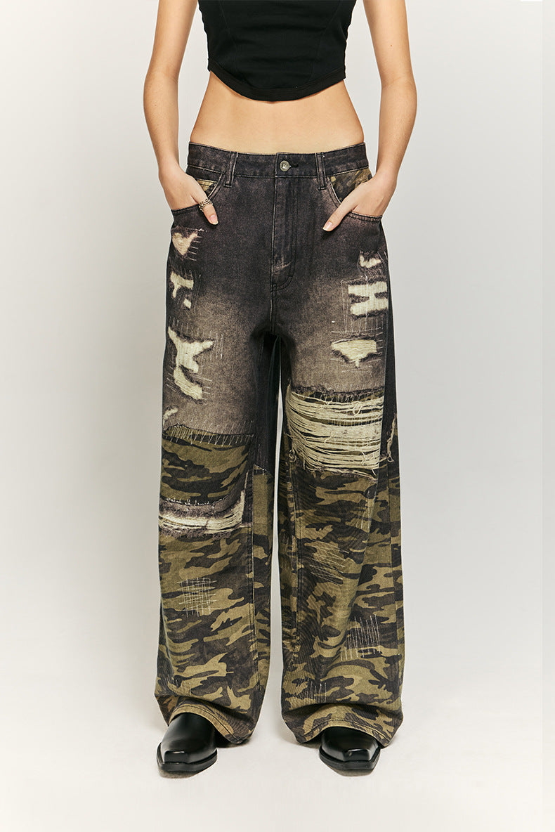 Urban Camo and Distressed Denim Wide-Leg Pants