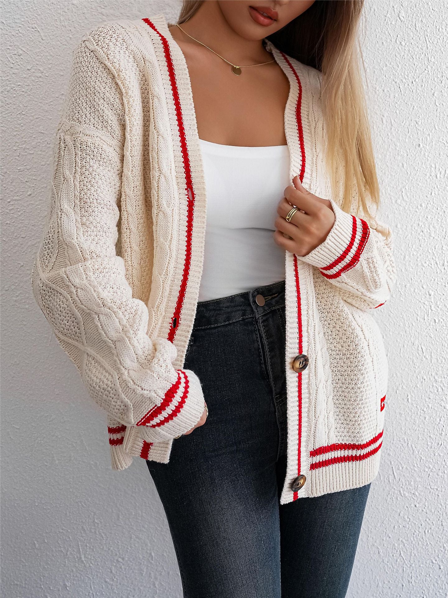 Damen Strickjacke Zopfstrick - Cardigan mit Knöpfen und Kontraststreifen