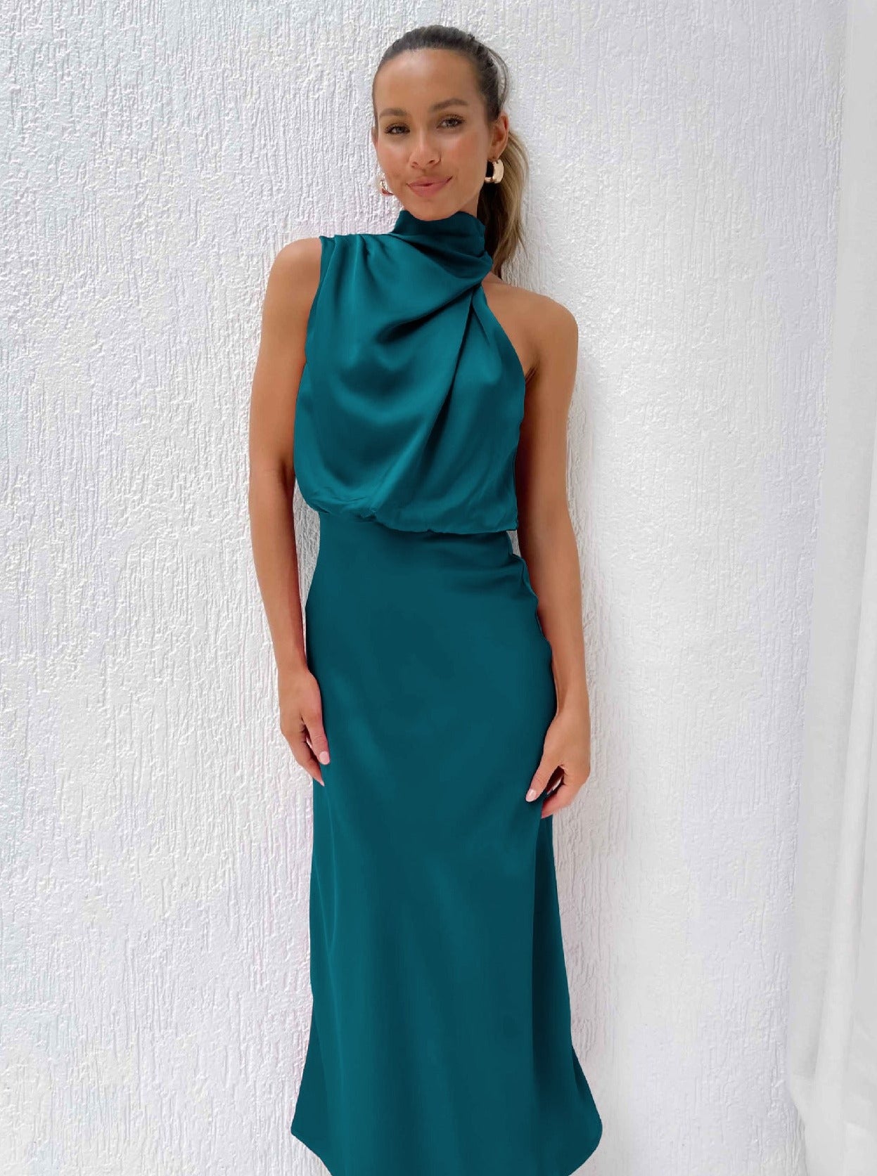 Abendkleid Damen Lang - Satin Neckholder Kleid Elegantes Cocktailkleid für Partys

