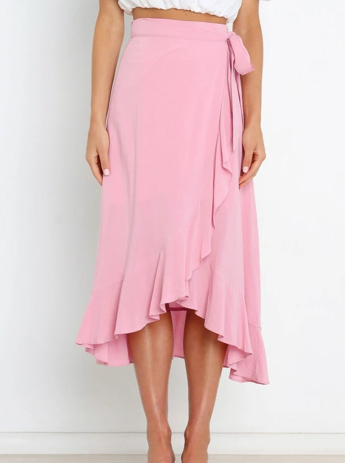 Asymmetrical Tie-Waist Ruffle Soft Pink Long Skirt