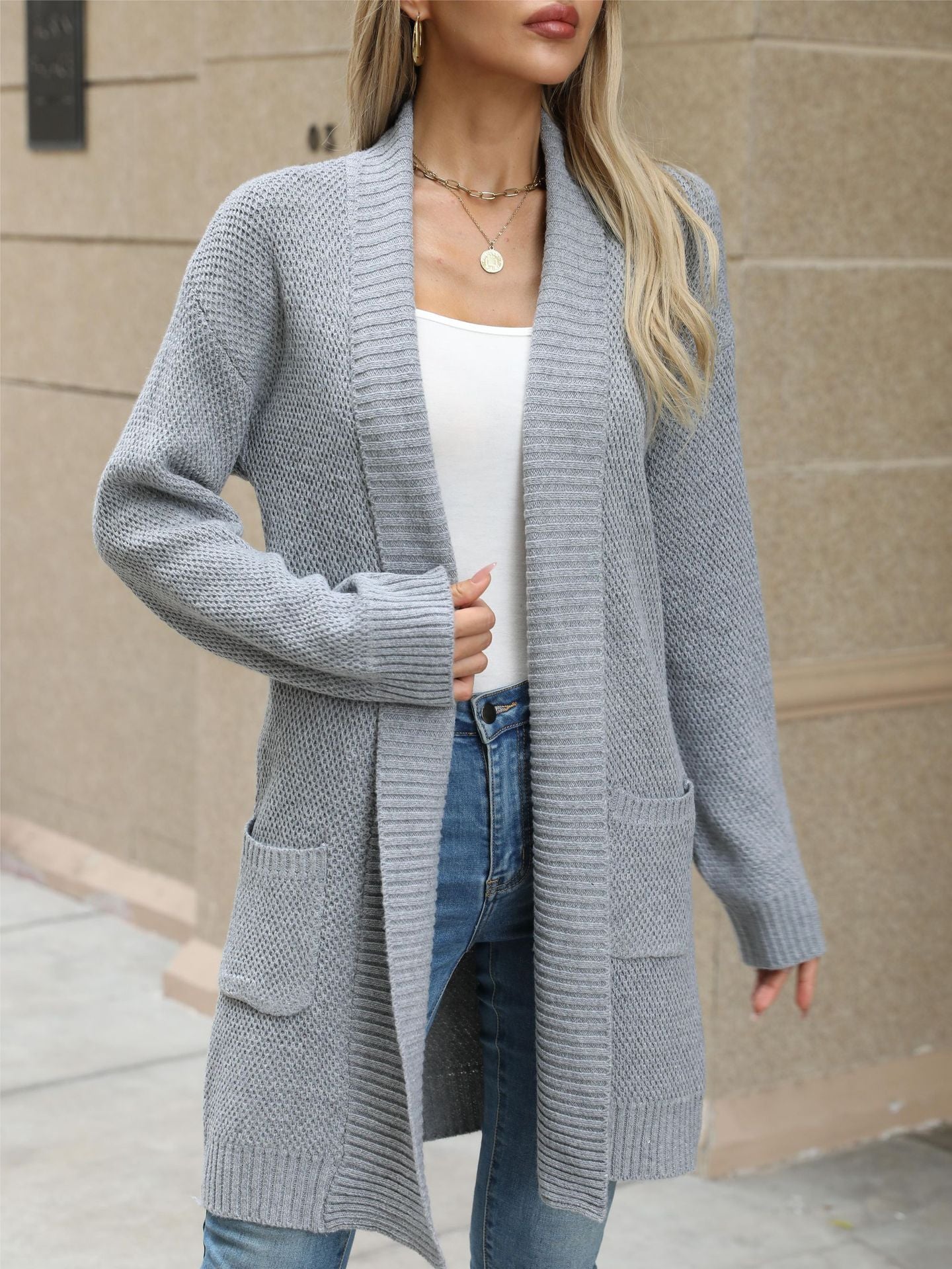 Lange Strickjacke Damen | Casual Cardigan mit Offener Front in Beige, Blau & Grau – Perfekt für Herbst & Winter