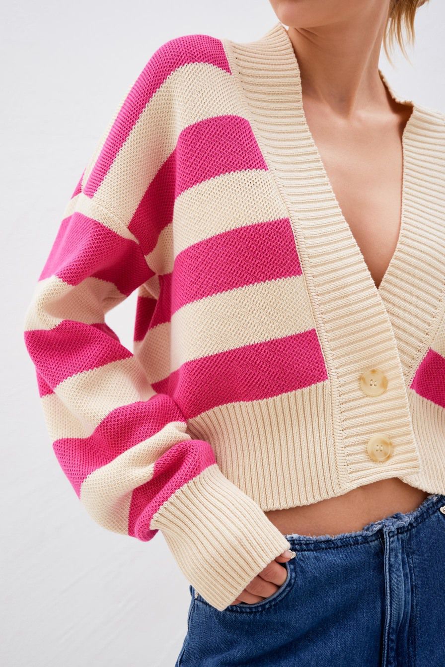 Pink and Beige Striped Knitted Cardigan