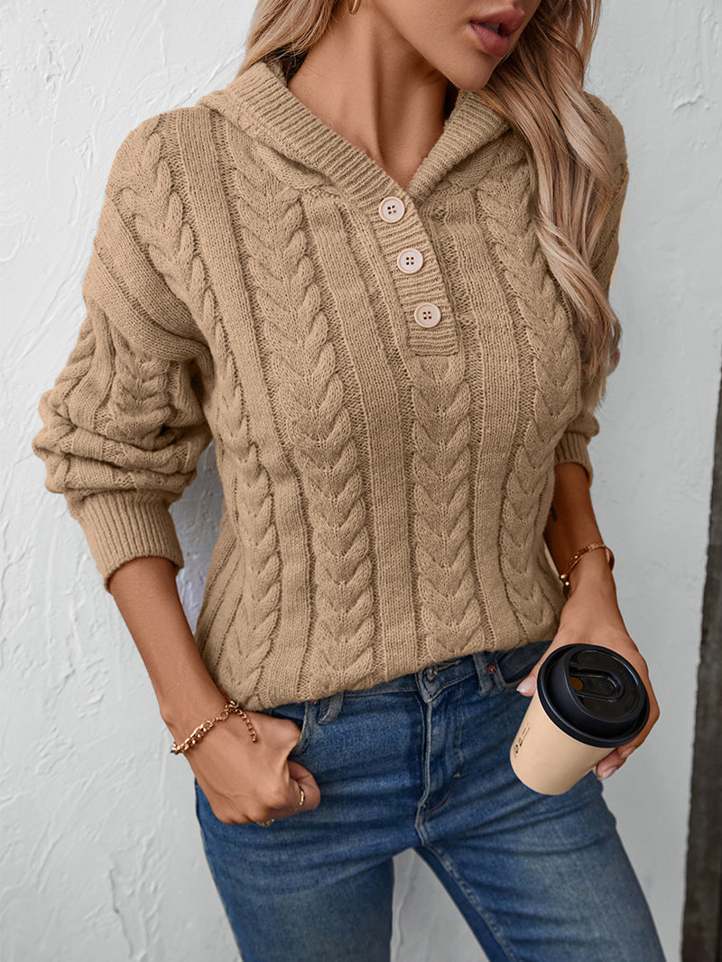 Kapuzenpullover Damen Strick Zopfmuster – Stilvoller Stricklook mit Knopfleiste