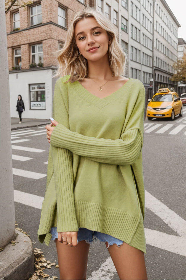 Green Loose V-Neck Long Sleeve Pullover Sweater