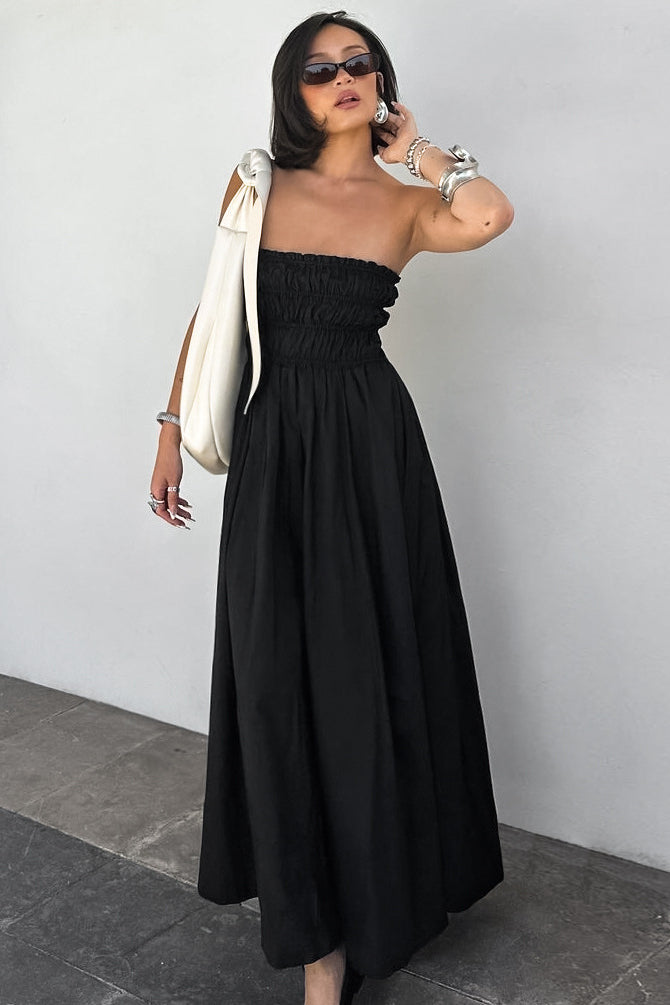 Obsidian Whirl Strapless Maxi Dress